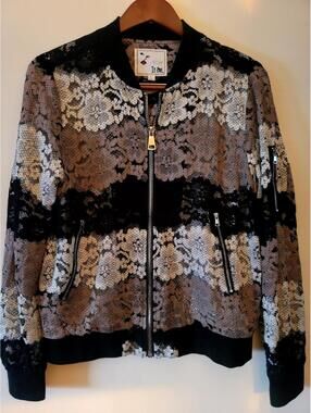 Floral Lace Bomber Jacket in Black, Gray & Cream by it GIRL Size L